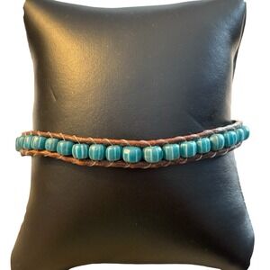 Blue Striped Bead Bracelet Brown Leather Wrap Anklet Unisex Loop Button Closure